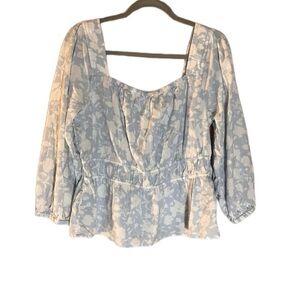 Free Assembly smocked ruched peasant boho baby doll shirt Blue gray white Large